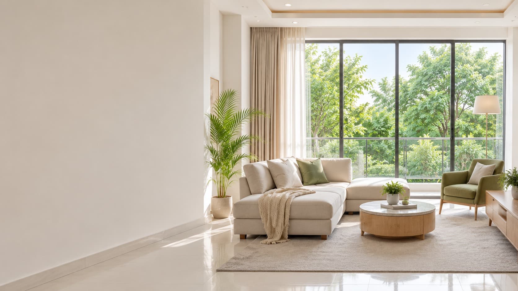 Warm furnished living room with large windows in Nanded