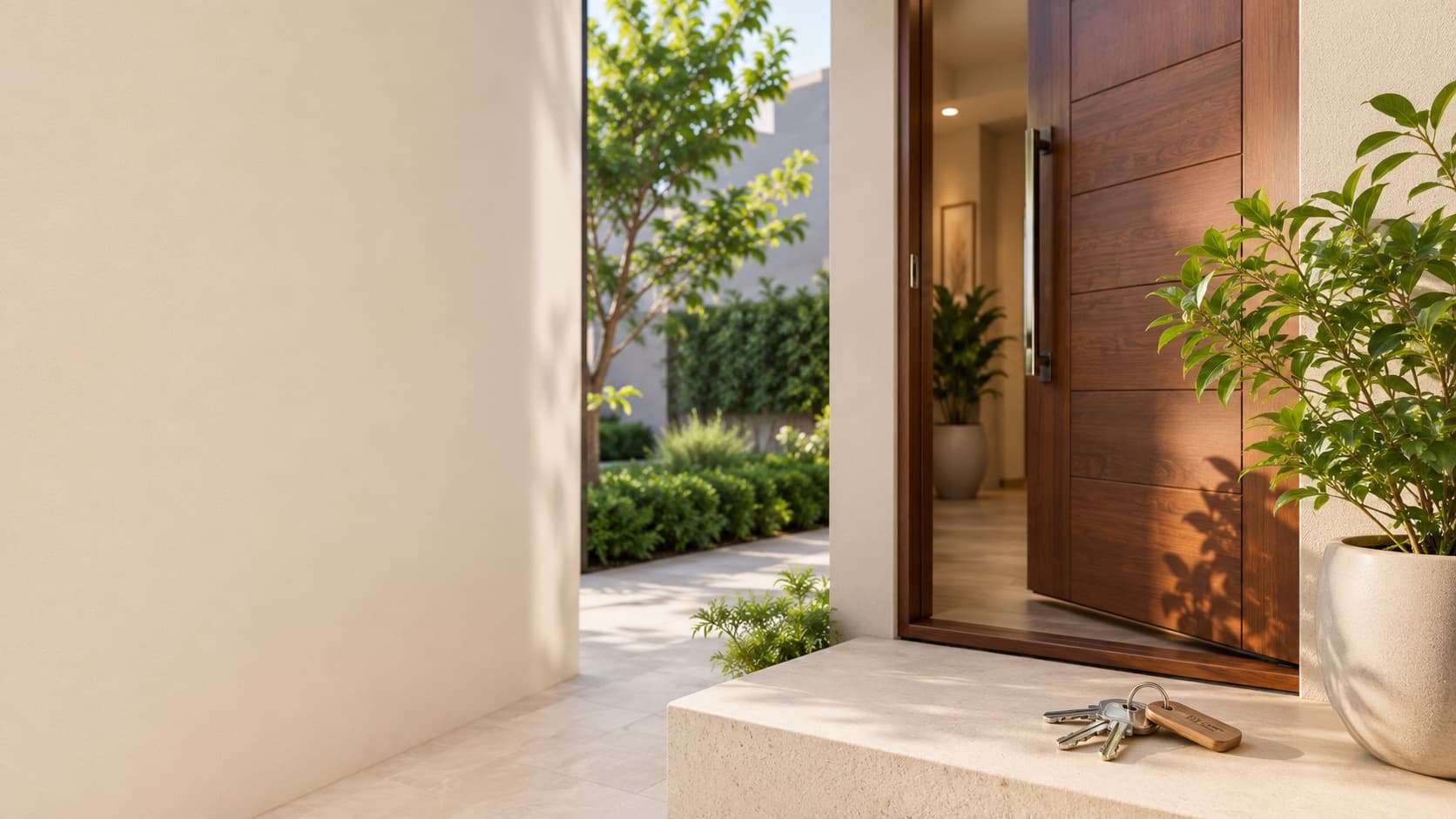 Home entrance with keys handover, no faces